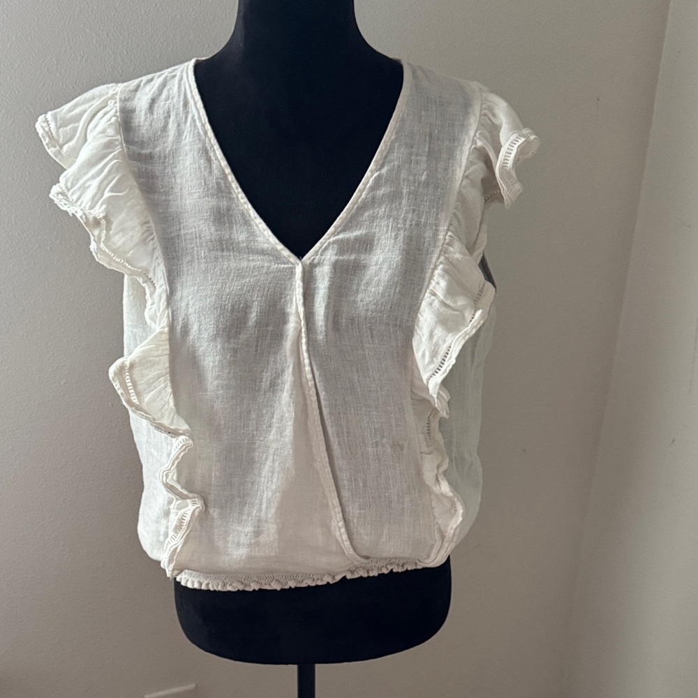 Marc New York Andrew Marc 100% Linen White Ruffle V-Neck smocked waist Top Sz M